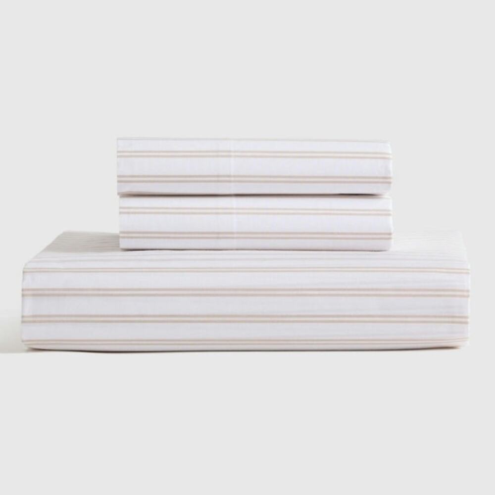 Quince Classic Organic Percale Double Stripe Fitted Sheet Set King, White/Toffee